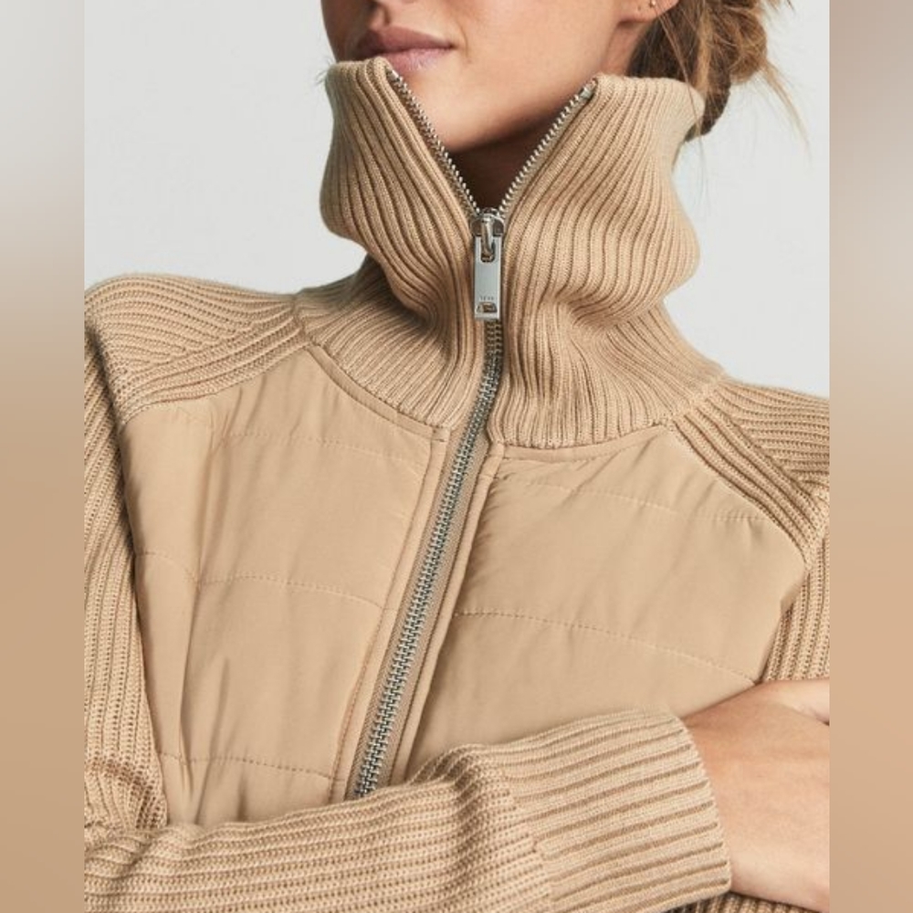 Reiss Beige Multi-Media Knit Zip-Up Funnel Neck Jacket - Picture 3 of 5